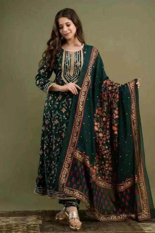 ORUVAN Rayon Printed Anarkali kurta Palazzo Dupatta Set