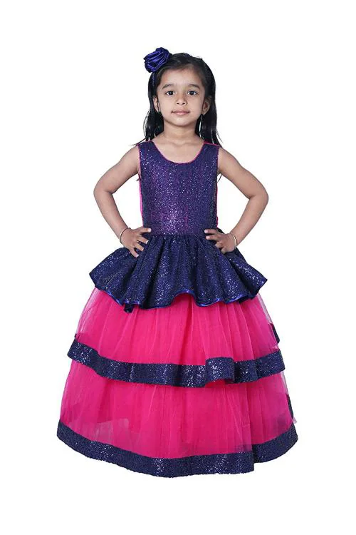 Wish Littlle Girls Navy Blue And Pink Net Maxi Dress - 10-11 Year