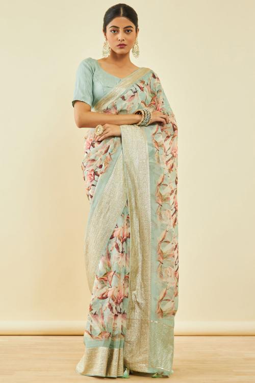 Soch Womens Sap Green Organza Floral Print Saree With Tassels