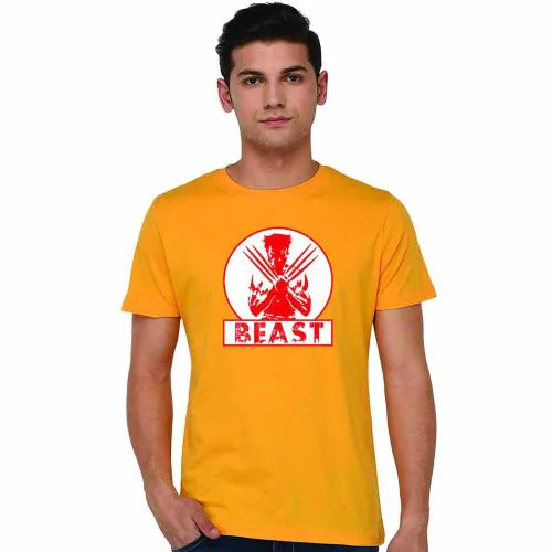 BRATMA Men Mustard Beast Printed Cotton Tees (XXL)