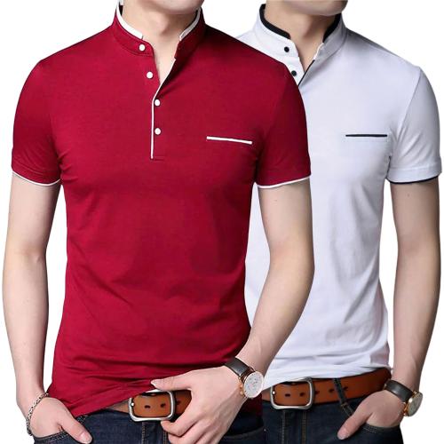 GulGuli Stylish and Handsome Half Sleeves Mandarin Collar T-Shirt for men Combo Pack of 2 (Red and White) - X-Large
