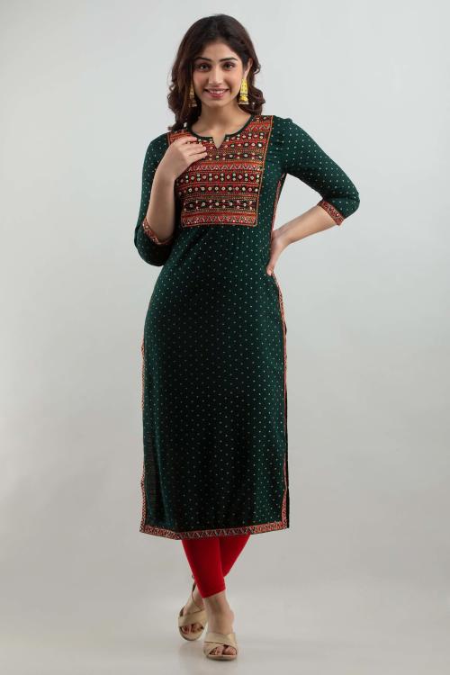Fashion Depth Women Dark Green Rayon Embroidered Straight Kurta