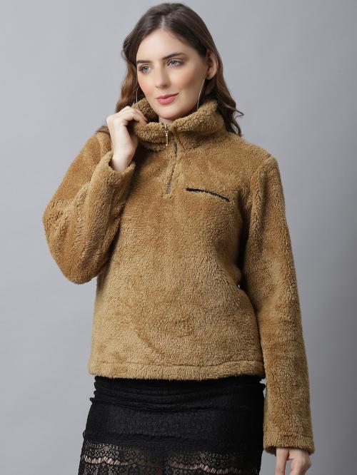 Mustard solid tailored jacket with zip detail, has a stand collar, three-quarter sleeves, straight hemline, with lining