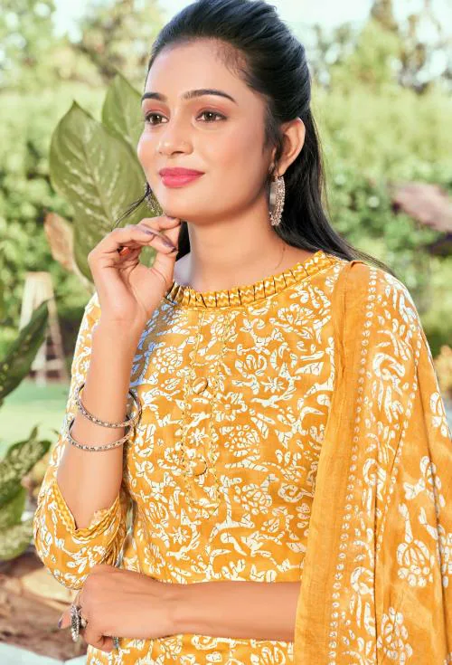 THE JAZZBAAT Cotton Printed Kurta Set Unstitched Salwar Suit Dress Material High Quality Unstitched Dress Material For Women (Yellow)