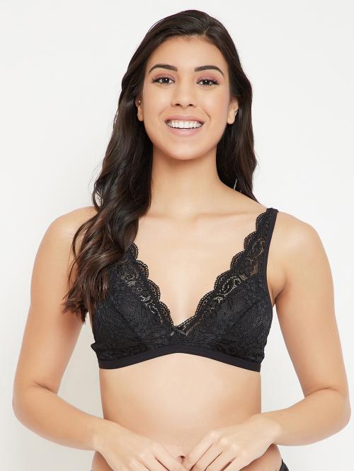 Clovia Women's Lace Solid Non-Padded Demi Cup Wire Free Bralette Bra - Black