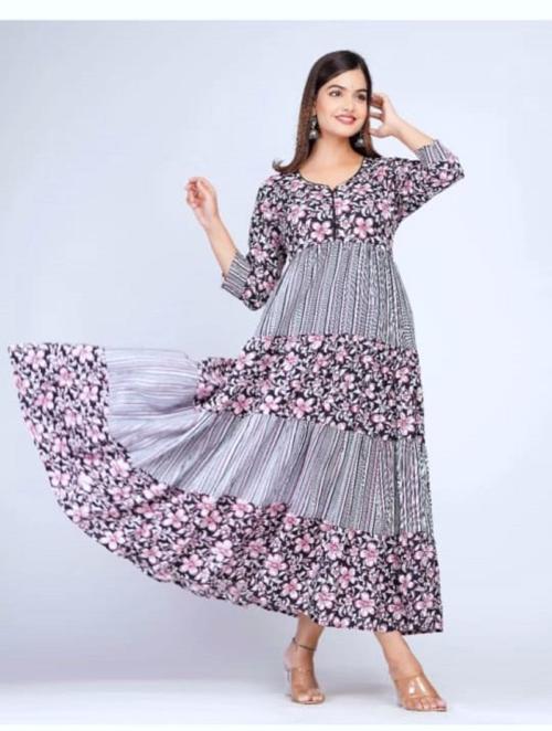IQARA Perimum Quality Cotton Flower Printed Gown For Women's | Gown | Gown Dress | Black Colour | Size-46