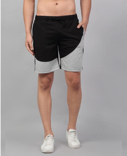 Rigo Men Black Grey Terry Cut & Sew With Side Pocket Cotton Knitted Shorts