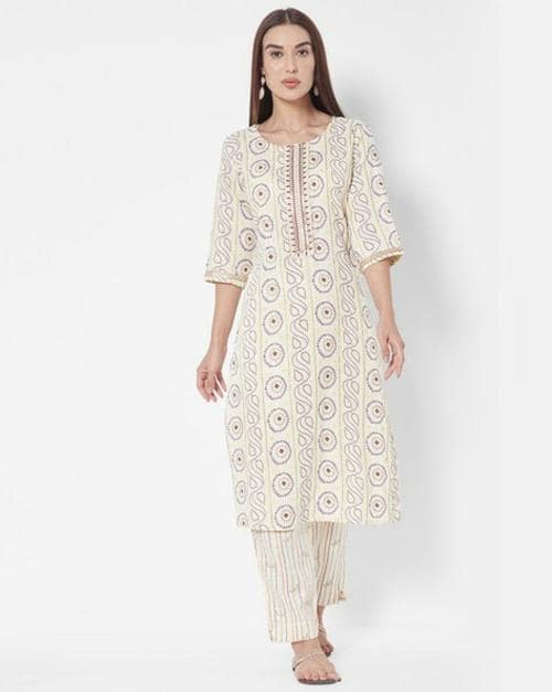 VEDIC Women Beige Striped Cotton Straight Kurta with Bottom Wear (S)