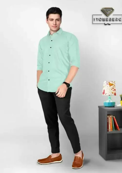 Walaii Mens Slim Fit Regular Cotton Blend Party Wear Sea Green Color Formal Shirt