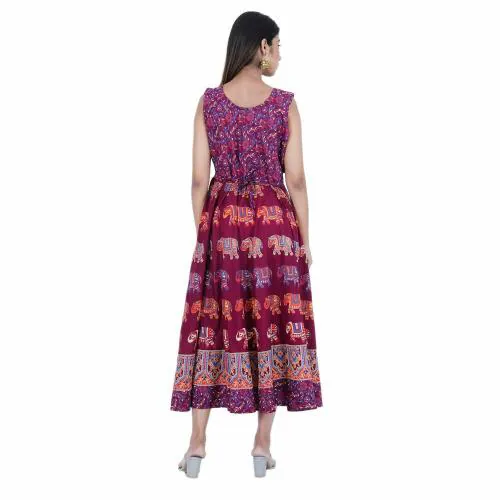 Rangun Women Maxi Cotton Maroon Color Printed Dress