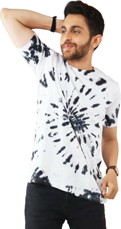 Lappen Fashion Men's Tie & Dye T-Shirt | Half Sleeve Round Neck Slim Fit Cotton | Sprayed Tshirts | Printed T-Shirts | Casual Smart Look | for Gym and Sports Wear - (Black Spiral) 5XL