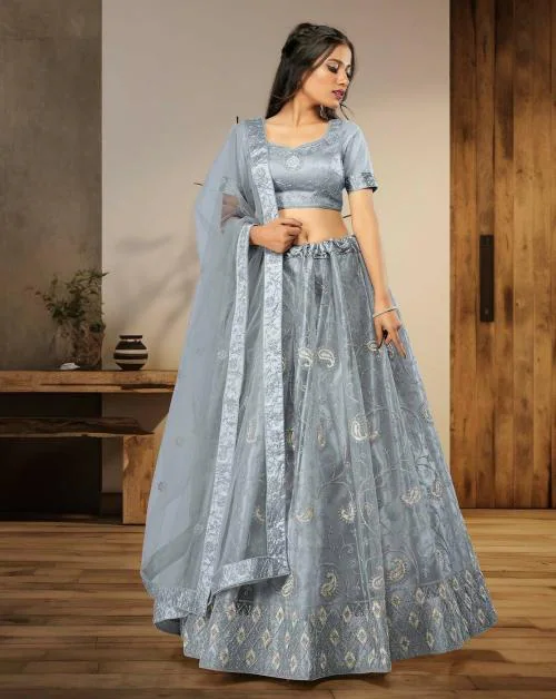 HALFSAREE STUDIO Gray Party wear Simple Lehenga Choli in Net