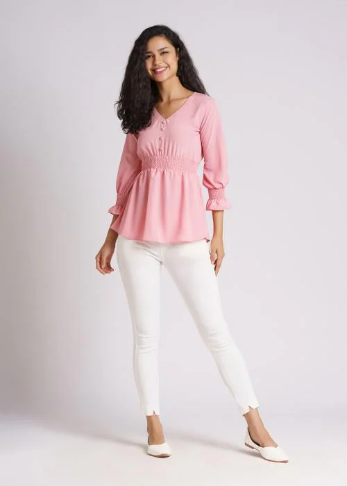 AASK Casual Wear Smocked Top Western wear V Neck tops for women & Girl Pink Color