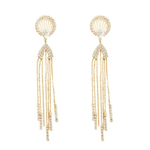 Kairangi by Yellow Chimes Gold Metal Crystal Studded Long Chain Tassel Fringes Hanging Dangler Earrings for Women and Girls - 8 cm