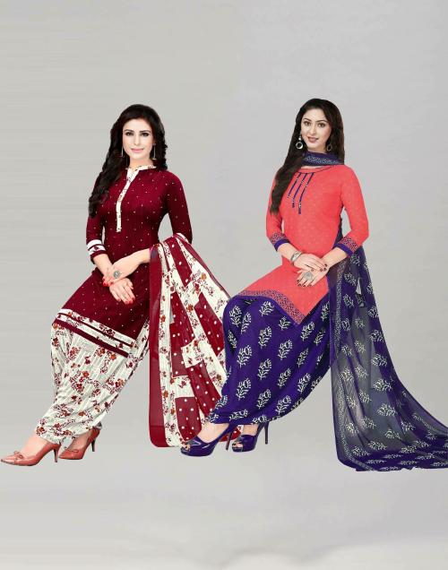 Siril Women'S Crepe Fabric Maroon & Carrot Pink Colour Unstitched Combo Printed Salwar Suit Dress Material