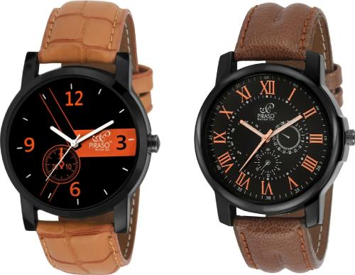 PIRASO Copper Analog Black Dial Brown Strap Watch for Men