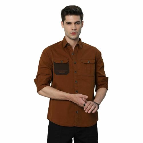BEVDAAS Spice Safari Solid Rust Cargo Shirt for Men