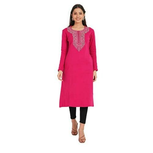 Shereen Women Fucshia Embroidered Woolen Kurta with Pockets (XL)