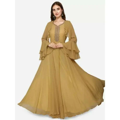 nshu creation Women Embroidered Georgette Anarkali Kurta (cream)-xl