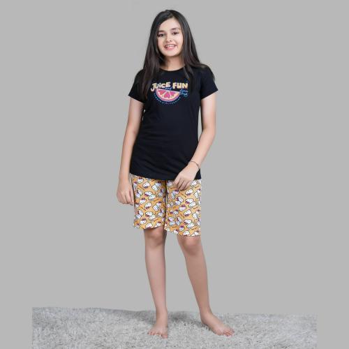 GLOSSY SHADES CARTOON PRINTED SHORTS AND SOID T-SHIRTS FOR KID GIRLS | COLOR-BLACK AND YELLOW | SIZE-8-9Y
