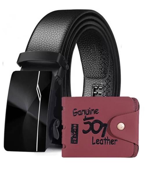 Clasicox: Black Belt & Brown Wallet Combo with Auto-Lock Buckle
