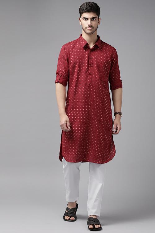 SEE DESIGNS Men Maroon Regular Pure Cotton Pathani Printed Men's Kurta With White Salwar