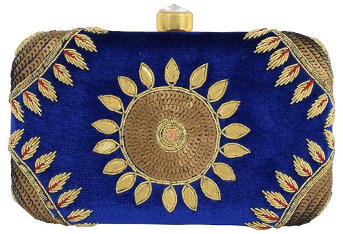 Tooba Handicraft Royal Blue Velvet Women Designer Clutch Bag With Shoulder Strap