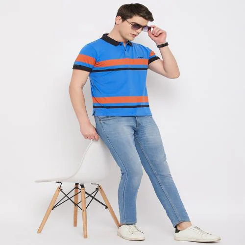 CLUB YORK Men Blue Striper Polo Collar T-Shirt