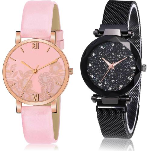 NEUTRON Modern Unique Flower And Magnet Pink And Black Colour Analog Genuine Leather And Stainless Steel Belt 2 Watch Combo For Women And Girls - G542-GC7
