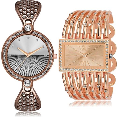 NEUTRON Best Luxury Bracelet Bangle Chain And Chain Bracelet Diamond Brown And Rose Gold Colour Analog Metal Belt 2 Watch Combo For Women And Girls - GM252-G585