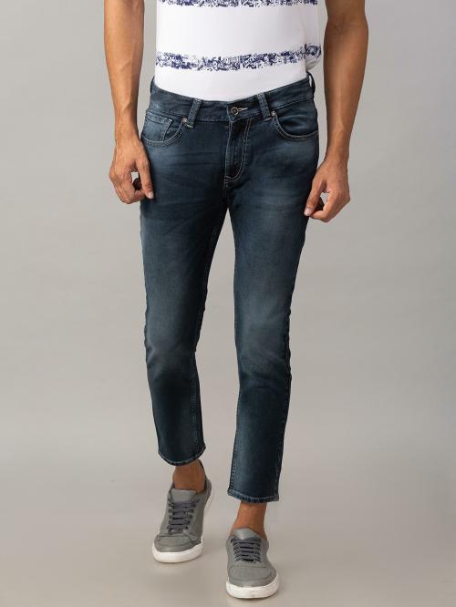 Spykar Blue Cotton Slim Fit Tapered Ankle length Jeans For Men