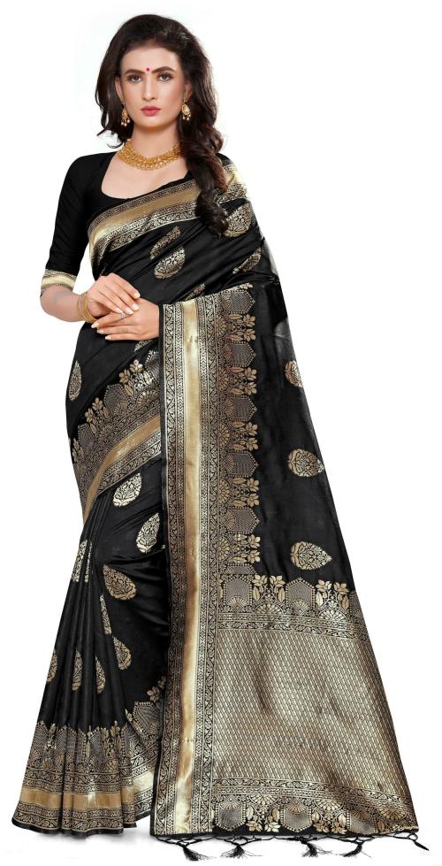 panchaamrit Women Black Silk Blend Woven Design Sarees