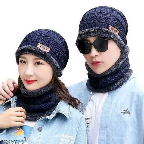 F Y V Unisex Blue Woolen 2 Caps with 2 Neck Warmer l For Men & Women l Caps Hats Beanie Caps