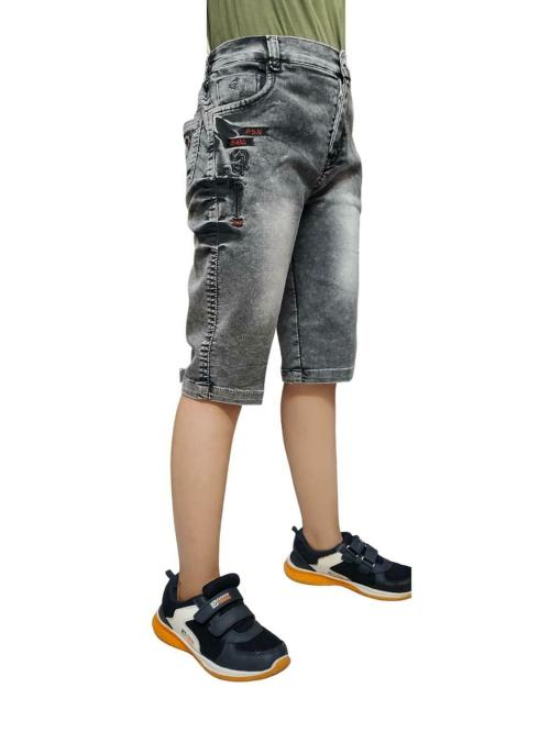 OXTRAP Boys Regular fit, Half Elastic Waistband, Stretchable Cotton Denim, Light Faded, Casual, Below Knee Length, 3/4 Shorts (Grey Black, 15-16 Years)
