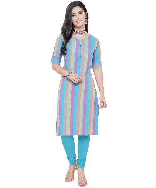 ANUSHIL Cotton Weaved Fabric Multi Stripped Sweetheart Neck Style with Buttons Kurta for Women's and Girl's(Colour- Blue, Size- S)