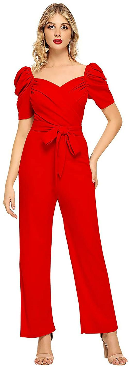 Women Red Solid Polyester Jumpsuit (XL)