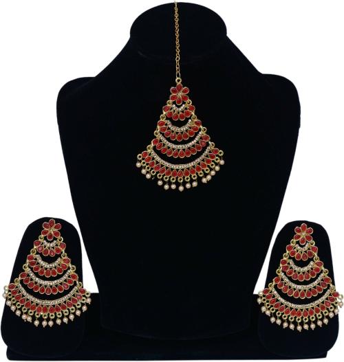 Darsha Collections Gold-Plated Alloy Red Earring And Maang Tikka Set (Girls And Women)l Artificial jewellary l Womens necklace l Traditional jewellary l Womens Jewellary