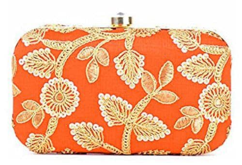 Tooba Handicraft Orange Satin Women Designer Clutch Bag With Chain Strap
