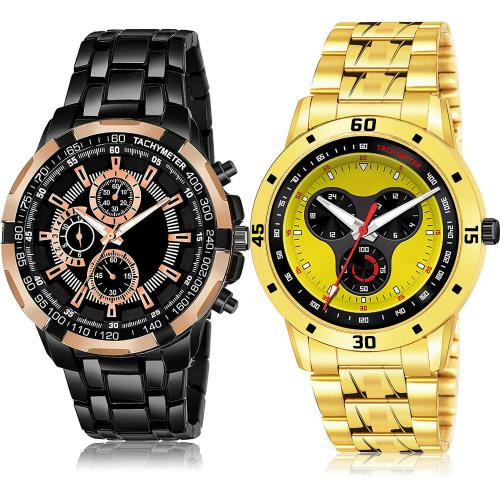 TIMENTER Modern Valentine Chronograph Dial Chain And Gold Chain Black And Gold Colour Analog Metal And Stainless Steel Belt 2 Watch Combo For Boys And Men - BRM26-(27-S-21)