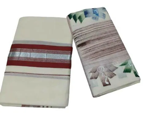 Fashionkiosks Women Cotton Hand Paint Kasavu Kerala Mundu With Blouse Set