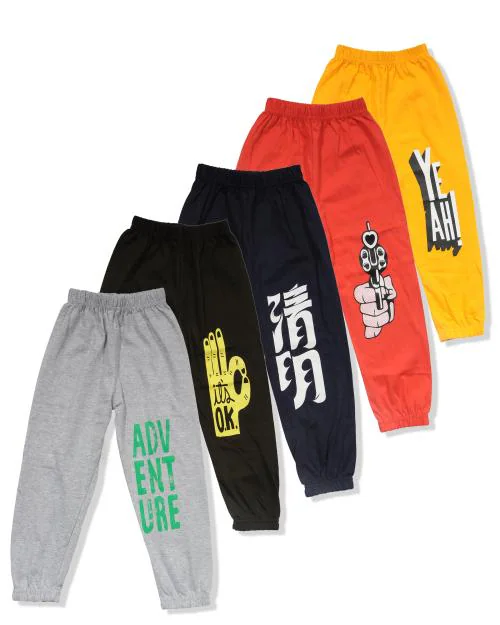 T2F Boys Multicolor 100% Cotton Printed Track Pants (Pack of 5)