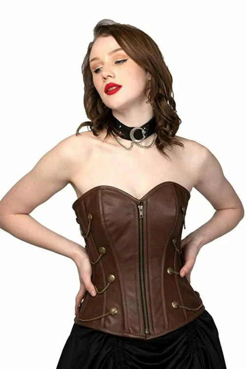 CORSETVOGUE Women Classy Satin Corset Shirt Steel Boned Over Bust Brown size 34