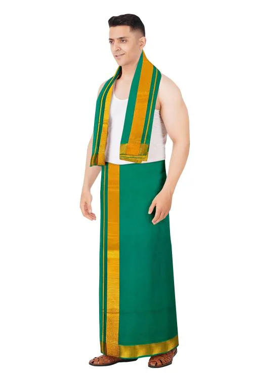 South Indian Men's Cotton Dhoti Towel set with Golden Jari Border for Pooja | 9X5 [Green]