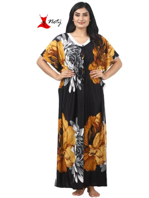 Noty Women's- Kaftan/Nighty/Maxi/Gown- Serena Fabric- Floral Print (Mustard-Black, Free Size)