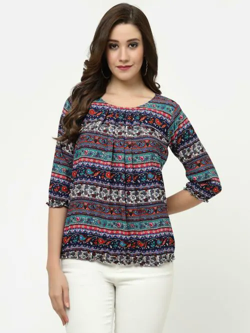 MISS AYSE Trendy Fancy Multi Color Crepe Round Neck Top