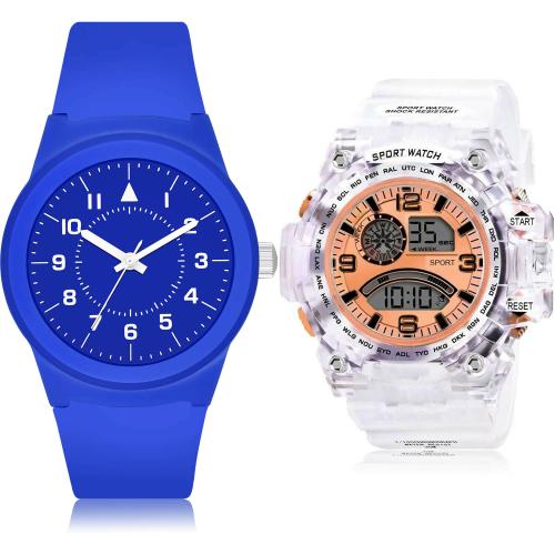 NEUTRON Treading Party Wedding Kids And Transparent Army Sports Blue And White Colour Analog And Digital Plastic Belt 2 Watch Combo For Boys And Men - BM121-BC34