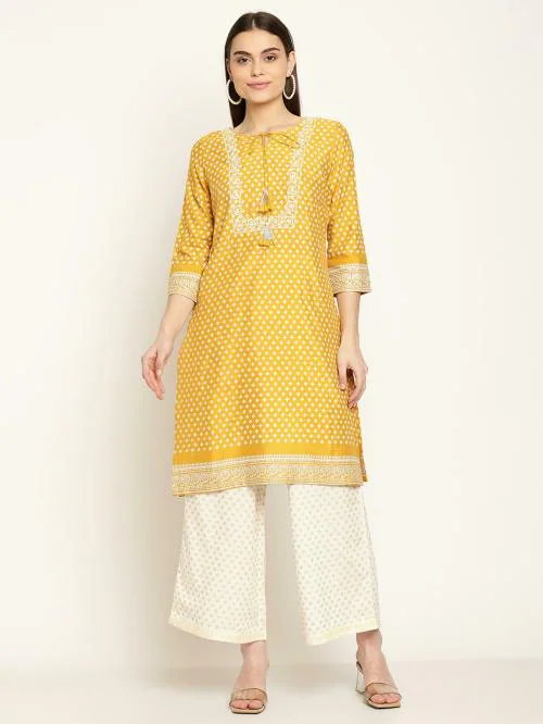 Cantabil Women Yellow Embroidered 3/4th Sleeves Round Neck Straight Kurta Palazzo Set