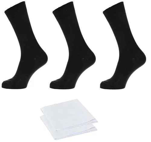 Cotson Men Combo Deal of 3 Pairs Black Cotton Socks And 2 pcs White Hand kerchiefs