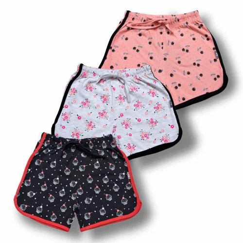 KARIBY Girls' Fancy Cotton Hot Pants/Short Pants All Over Printed Design with Pockets | Pack of 3 | 4 TO 5 YR