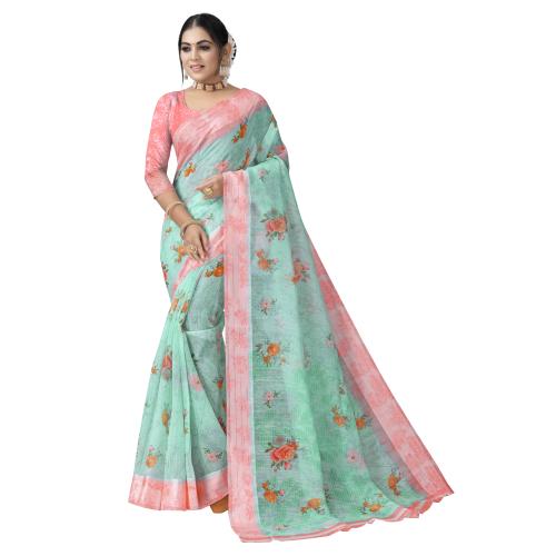 Rekha Maniyar Blue Cotton Floral Printed Saree for Women with Unstitched Blouse Piece (JESSICA_RMF_0002)